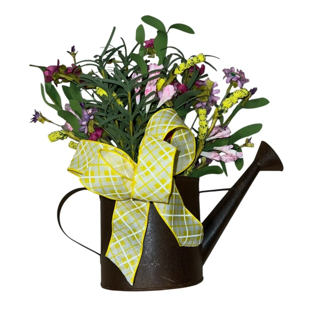 Charming Brown metal Watering Can with Floral Arrangement and sunny bow!